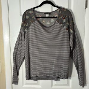 Morgan City raglan sleeve gray striped sheer floral back boho grunge top size XL
